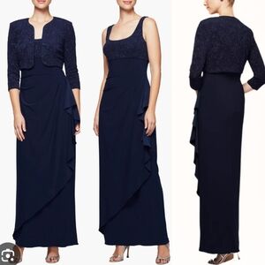 Alex Evenings Women's Navy Blue Sequin Lace Maxi Dress Formal Gown Set, Size 14